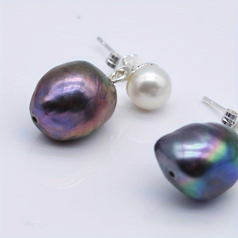 Freshwater Baroque Black Pearl Drop Earrings, Silver Plated, Simple June Birthstone Studs for Women, Fashion Jewelry, Ideal for Daily Wear & Mother'S Day Gift, All Seasons Compatible