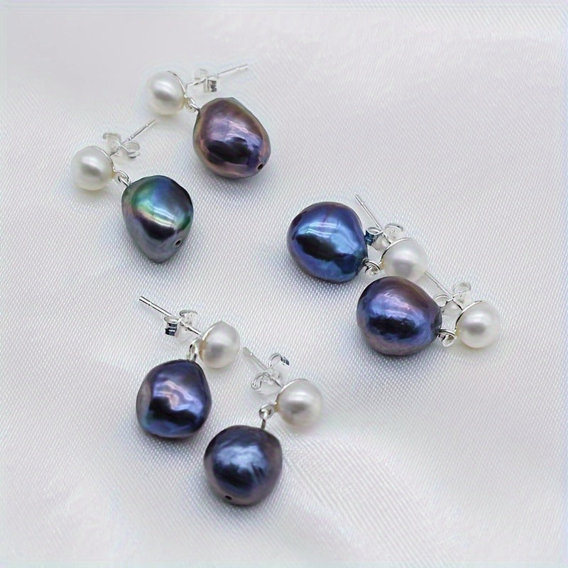 Freshwater Baroque Black Pearl Drop Earrings, Silver Plated, Simple June Birthstone Studs for Women, Fashion Jewelry, Ideal for Daily Wear & Mother'S Day Gift, All Seasons Compatible