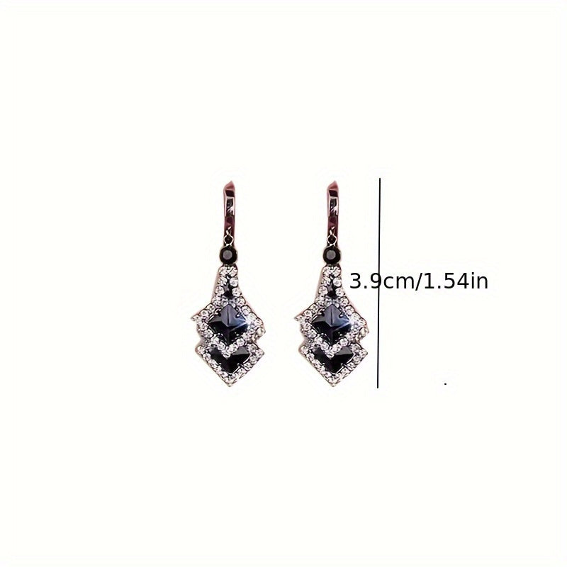 Black Rhombus Shape Dangle Earrings, Retro Elegant Style Alloy Jewelry, Versatile Ornaments for Women, Dupes Luxury Jewelry, Zircon Decor