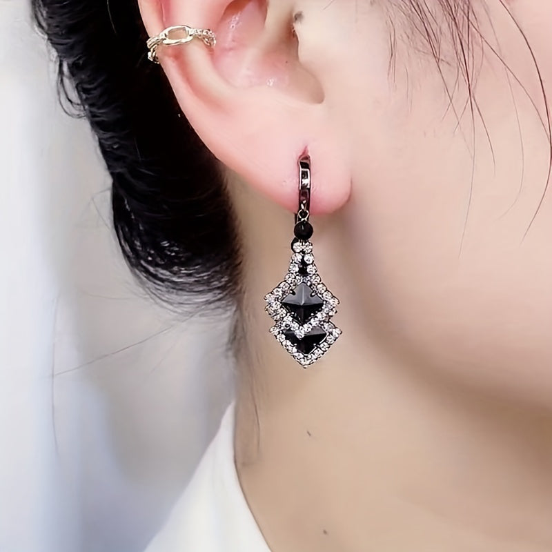 Black Rhombus Shape Dangle Earrings, Retro Elegant Style Alloy Jewelry, Versatile Ornaments for Women, Dupes Luxury Jewelry, Zircon Decor