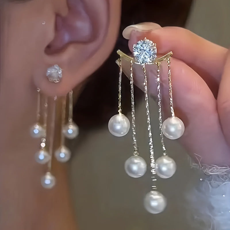 1 Pair Elegant & Luxurious Faux Imitation Pearl Tassel Dangle Earrings with Sparkling Gemstone Accents - Golden-Tone Alloy, White Imitation Imitation Pearl, 4.3x2.0cm, Perfect for Sophisticated Occasions, Imitation Pearl Earrings