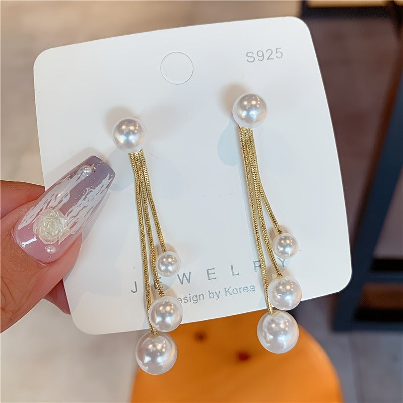 Elegant Long Tassel Imitation Pearl Earrings - Women's Gold Alloy Design, Suitable for Casual Wear or Special Occasions, Novelty Earrings