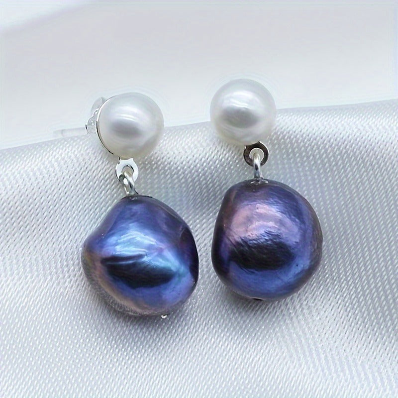 Freshwater Baroque Black Pearl Drop Earrings, Silver Plated, Simple June Birthstone Studs for Women, Fashion Jewelry, Ideal for Daily Wear & Mother'S Day Gift, All Seasons Compatible