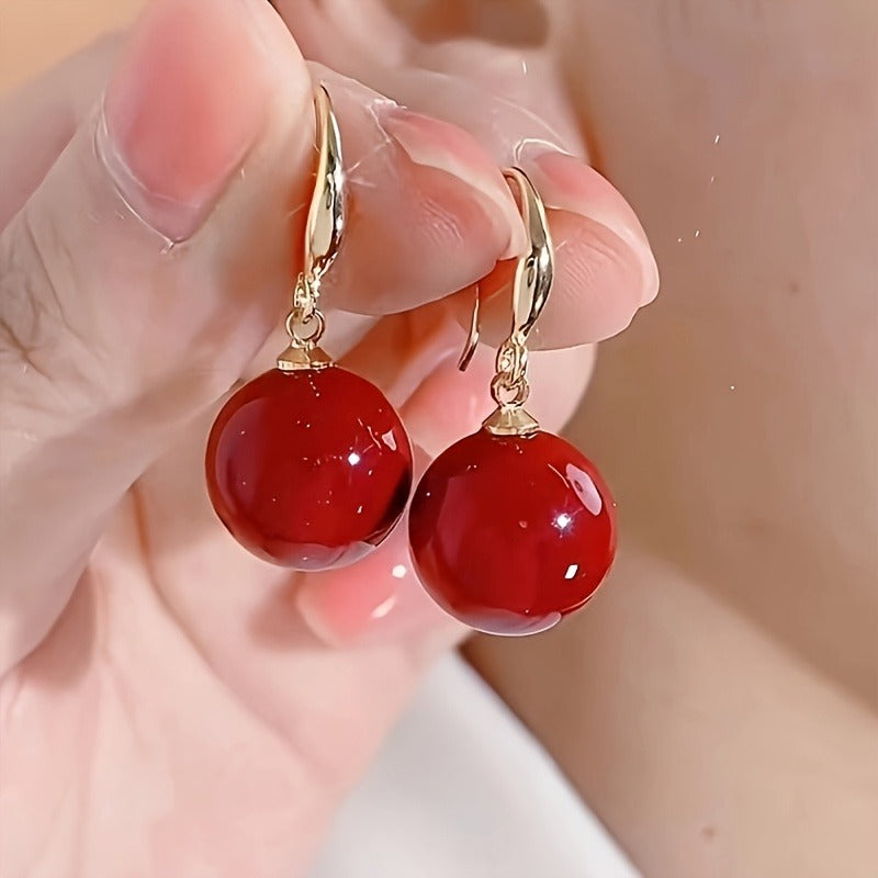 Elegant Red Ball Dangle Earrings - Chic, Simple Design, Perfect for Casual Attire, Gifting, All Seasons
