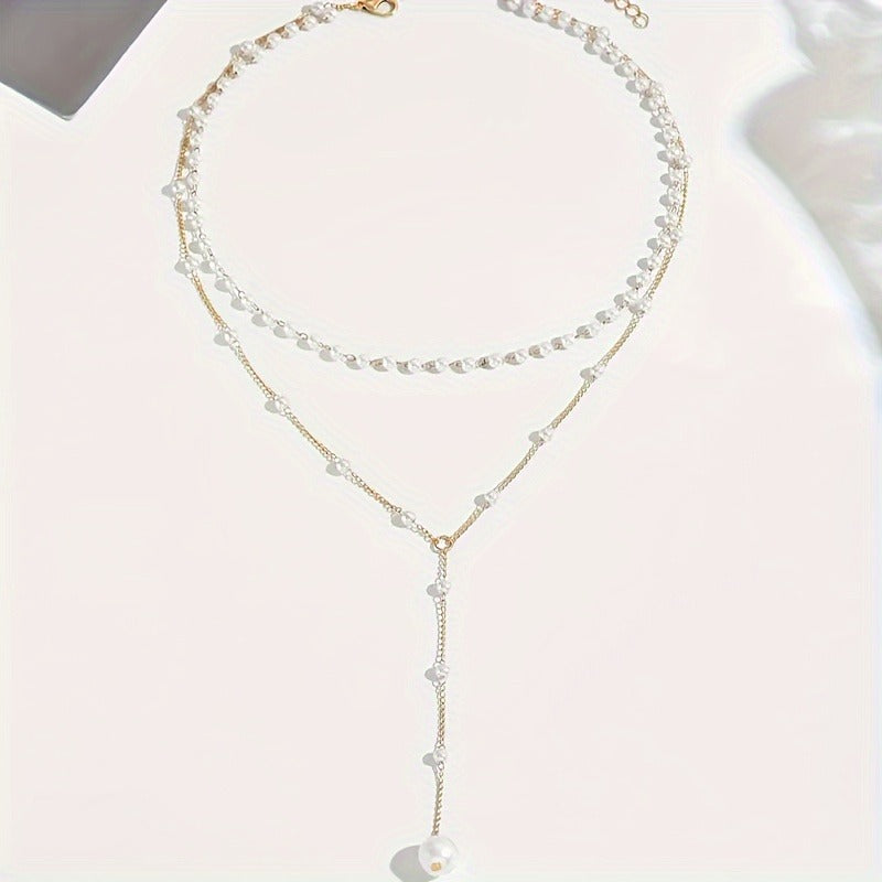 Versatile Y-Shape Necklace - Elegant Layered Faux Pearl Accents, Sexy Tassel Pendant, Iron Chain, No Plating - Daily Wear & Parties