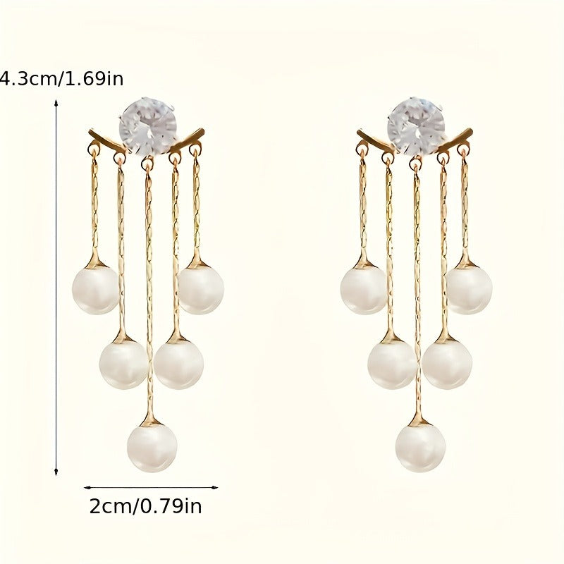 1 Pair Elegant & Luxurious Faux Imitation Pearl Tassel Dangle Earrings with Sparkling Gemstone Accents - Golden-Tone Alloy, White Imitation Imitation Pearl, 4.3x2.0cm, Perfect for Sophisticated Occasions, Imitation Pearl Earrings