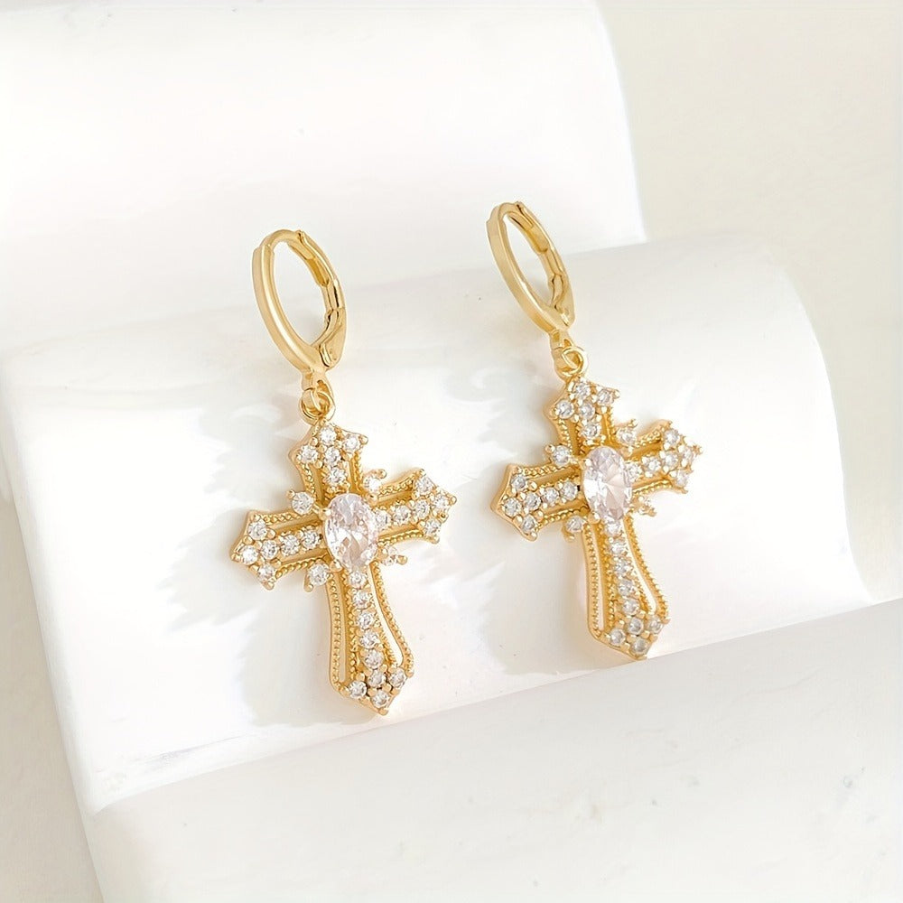 Elegant Luxury Cross Dangle Earrings for Women, Synthetic Zirconia Inlay, Copper Material, Versatile for Daily Wear and Vacation, All-Season Jewelry