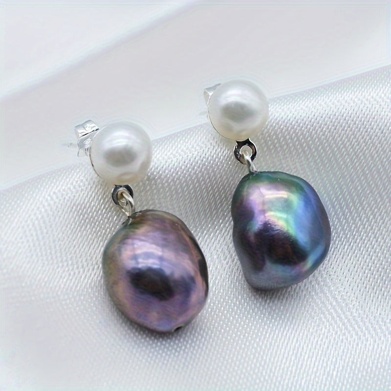 Freshwater Baroque Black Pearl Drop Earrings, Silver Plated, Simple June Birthstone Studs for Women, Fashion Jewelry, Ideal for Daily Wear & Mother'S Day Gift, All Seasons Compatible