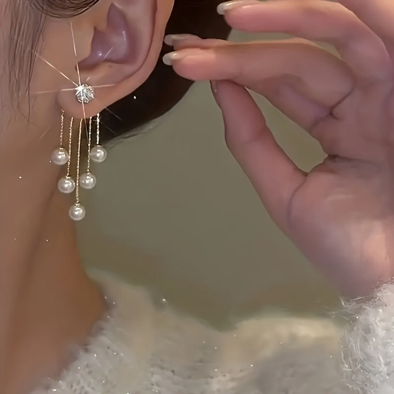 1 Pair Elegant & Luxurious Faux Imitation Pearl Tassel Dangle Earrings with Sparkling Gemstone Accents - Golden-Tone Alloy, White Imitation Imitation Pearl, 4.3x2.0cm, Perfect for Sophisticated Occasions, Imitation Pearl Earrings