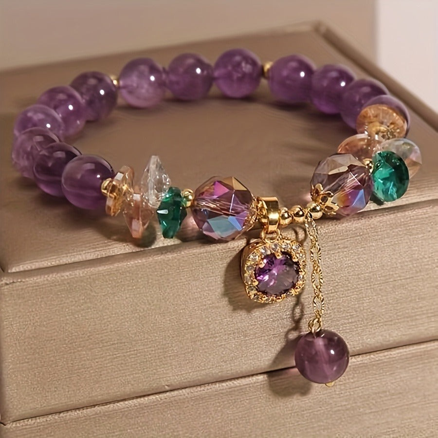 Classic Amethyst Beaded Bracelet with Cubic Zirconia, Uncoated Fashion Jewelry for Women - Perfect for Everyday Wear and Gift Giving