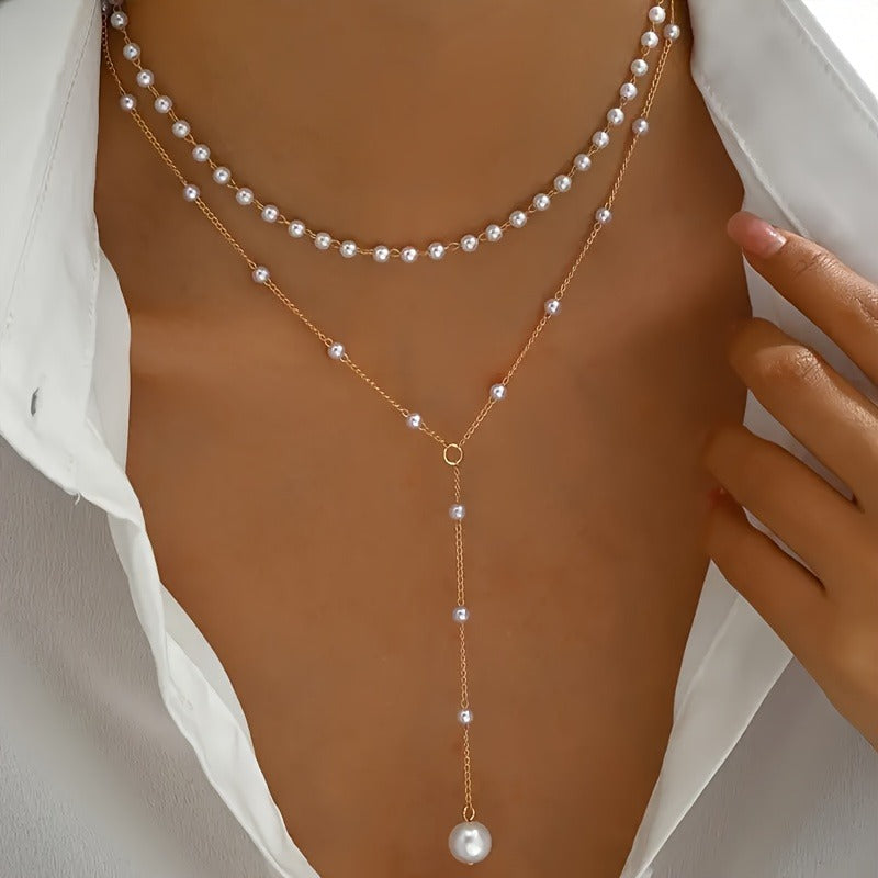 Versatile Y-Shape Necklace - Elegant Layered Faux Pearl Accents, Sexy Tassel Pendant, Iron Chain, No Plating - Daily Wear & Parties