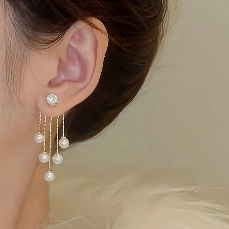 1 Pair Elegant & Luxurious Faux Imitation Pearl Tassel Dangle Earrings with Sparkling Gemstone Accents - Golden-Tone Alloy, White Imitation Imitation Pearl, 4.3x2.0cm, Perfect for Sophisticated Occasions, Imitation Pearl Earrings