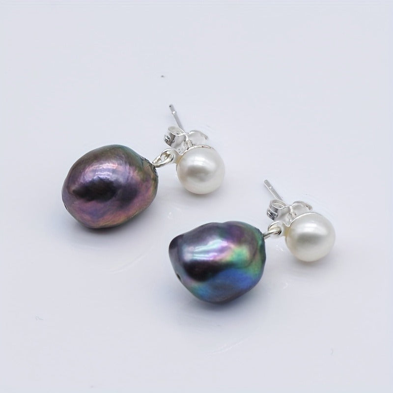 Freshwater Baroque Black Pearl Drop Earrings, Silver Plated, Simple June Birthstone Studs for Women, Fashion Jewelry, Ideal for Daily Wear & Mother'S Day Gift, All Seasons Compatible