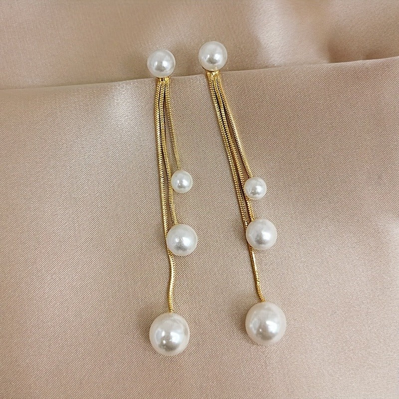 Elegant Long Tassel Imitation Pearl Earrings - Women's Gold Alloy Design, Suitable for Casual Wear or Special Occasions, Novelty Earrings