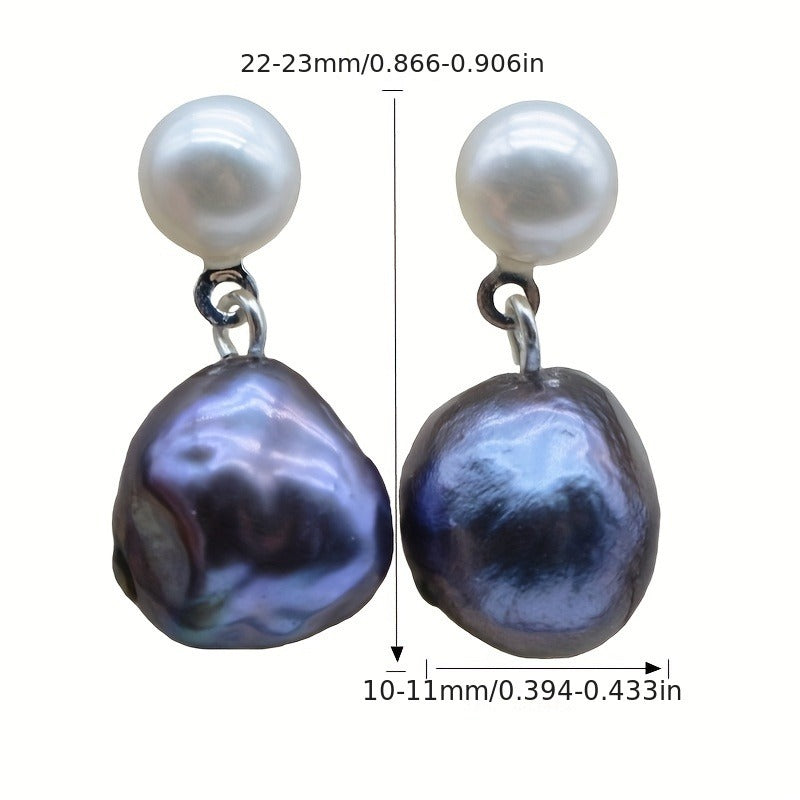 Freshwater Baroque Black Pearl Drop Earrings, Silver Plated, Simple June Birthstone Studs for Women, Fashion Jewelry, Ideal for Daily Wear & Mother'S Day Gift, All Seasons Compatible