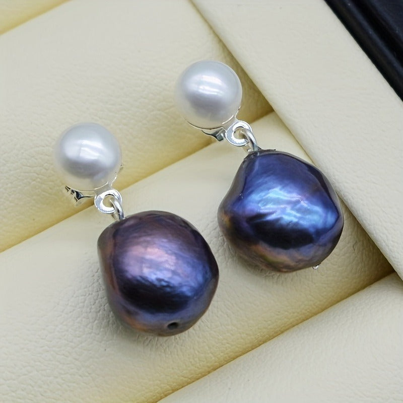 Freshwater Baroque Black Pearl Drop Earrings, Silver Plated, Simple June Birthstone Studs for Women, Fashion Jewelry, Ideal for Daily Wear & Mother'S Day Gift, All Seasons Compatible