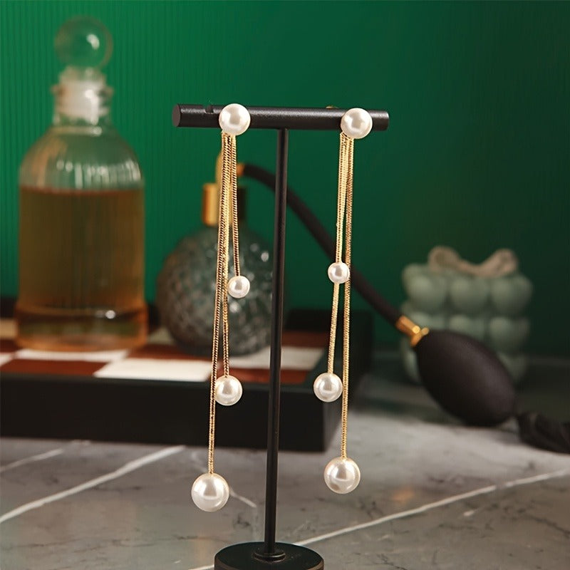 Elegant Long Tassel Imitation Pearl Earrings - Women's Gold Alloy Design, Suitable for Casual Wear or Special Occasions, Novelty Earrings