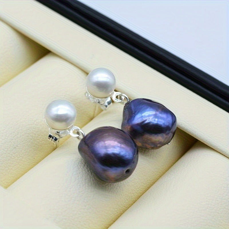 Freshwater Baroque Black Pearl Drop Earrings, Silver Plated, Simple June Birthstone Studs for Women, Fashion Jewelry, Ideal for Daily Wear & Mother'S Day Gift, All Seasons Compatible