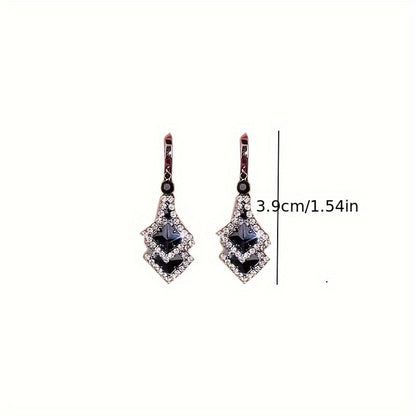 Black Rhombus Shape Dangle Earrings, Retro Elegant Style Alloy Jewelry, Versatile Ornaments for Women, Dupes Luxury Jewelry, Zircon Decor