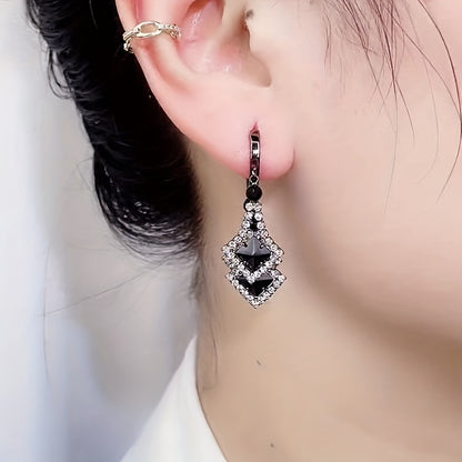Black Rhombus Shape Dangle Earrings, Retro Elegant Style Alloy Jewelry, Versatile Ornaments for Women, Dupes Luxury Jewelry, Zircon Decor
