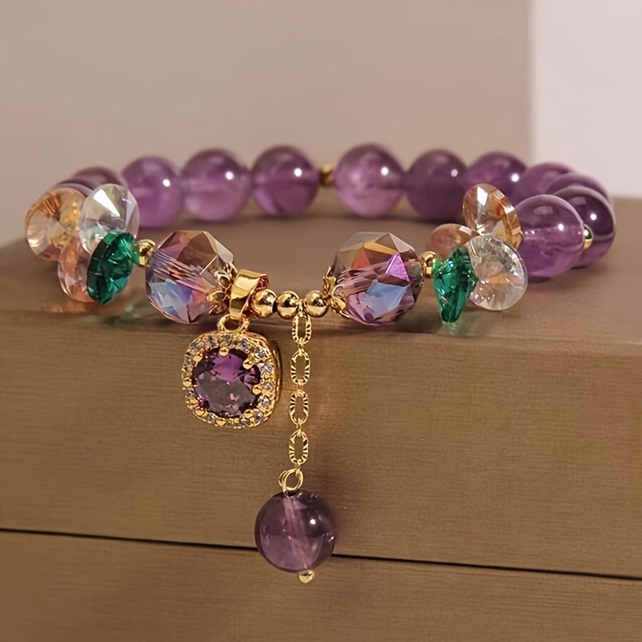 Classic Amethyst Beaded Bracelet with Cubic Zirconia, Uncoated Fashion Jewelry for Women - Perfect for Everyday Wear and Gift Giving