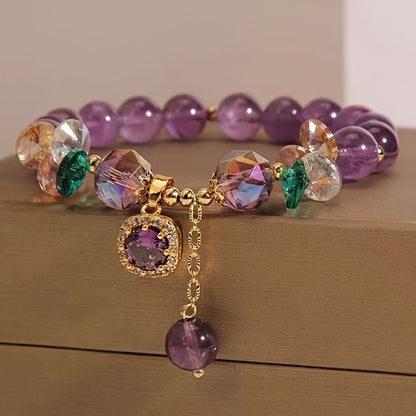 Classic Amethyst Beaded Bracelet with Cubic Zirconia, Uncoated Fashion Jewelry for Women - Perfect for Everyday Wear and Gift Giving