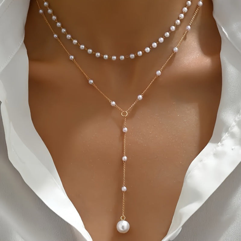 Versatile Y-Shape Necklace - Elegant Layered Faux Pearl Accents, Sexy Tassel Pendant, Iron Chain, No Plating - Daily Wear & Parties