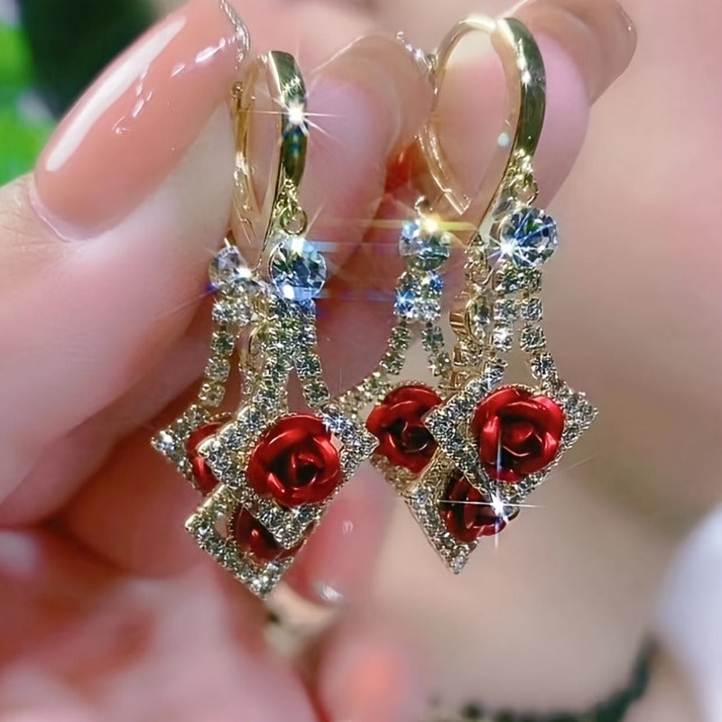 1 pair of luxury red synthetic crystal gold earrings bohemian vintage style for women, perfect gift for engagement, wedding, birthday and everyday occasions
