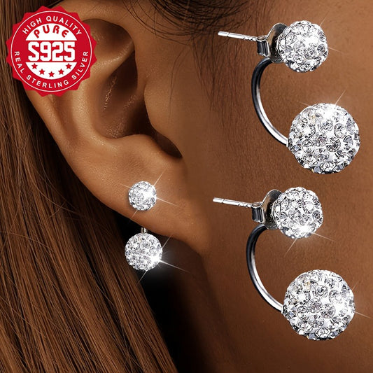 Pair Pack, S925 Silver, Women's Fashion Ball Earrings, Flashball Studs, Hanging Style, Half-Wrapped, Blingbling, Shiny, Daily Versatile, Suitable for Parties and Banquets, Low Allergy