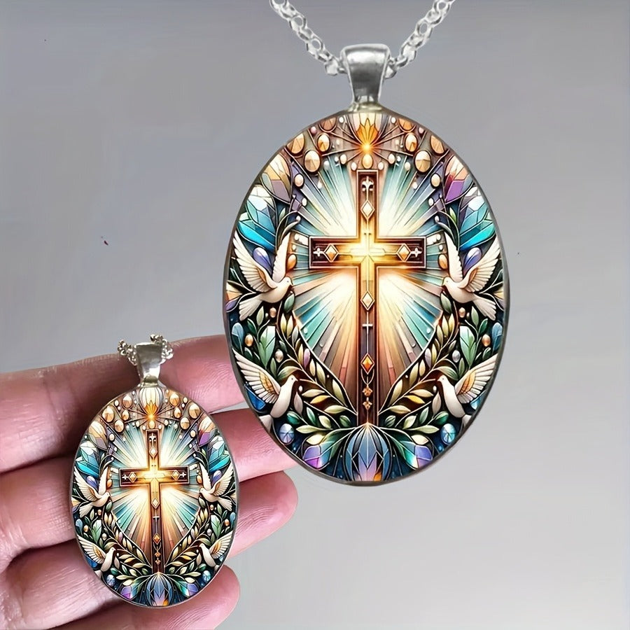 Fashion Elegant Cross Pattern Oval Alloy Glass Pendant Necklace, Romantic Gift1pc Fashion Elegant Cross Pattern Oval Alloy Glass Pendant Necklace, Romantic Gift