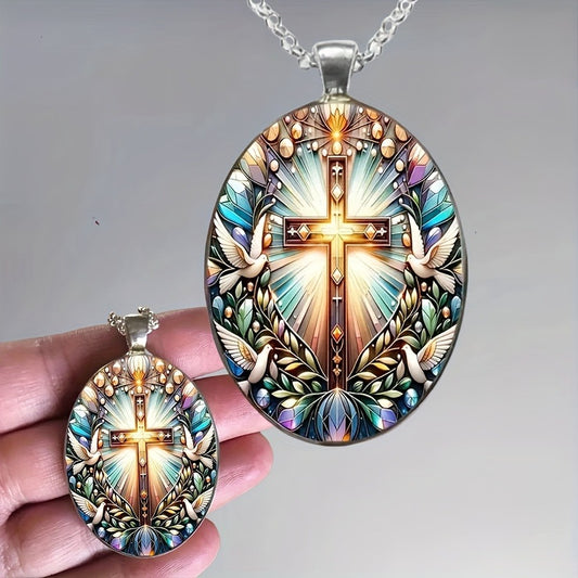 Fashion Elegant Cross Pattern Oval Alloy Glass Pendant Necklace, Romantic Gift1pc Fashion Elegant Cross Pattern Oval Alloy Glass Pendant Necklace, Romantic Gift