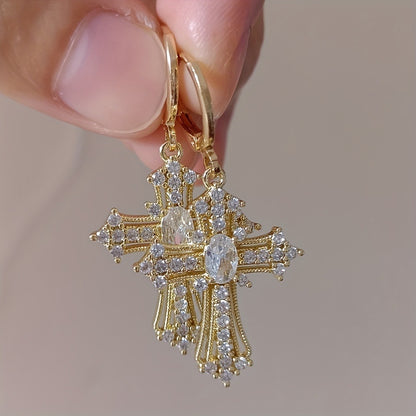 Elegant Luxury Cross Dangle Earrings for Women, Synthetic Zirconia Inlay, Copper Material, Versatile for Daily Wear and Vacation, All-Season Jewelry