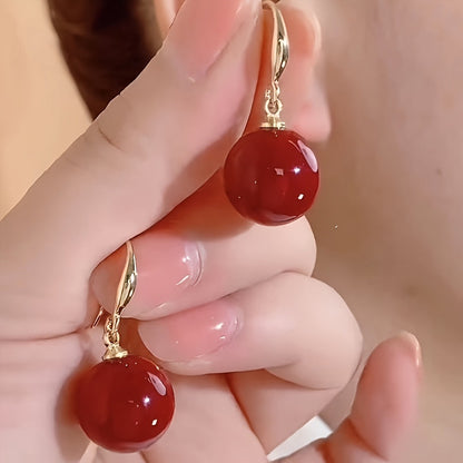 Elegant Red Ball Dangle Earrings - Chic, Simple Design, Perfect for Casual Attire, Gifting, All Seasons