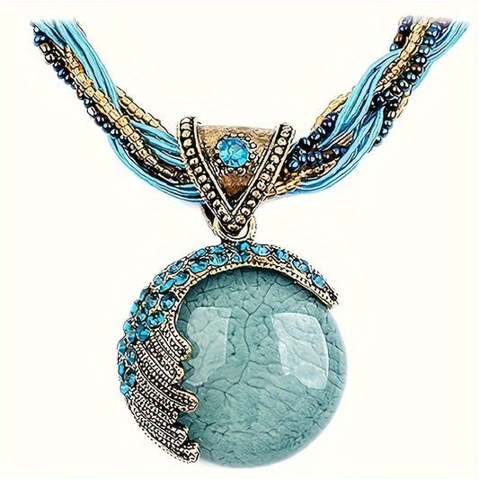 Women's Vintage Bohemian Style Twisted Braided Rope Necklace Turquoise Rhinestone Pendant Necklace Fashion Jewelry