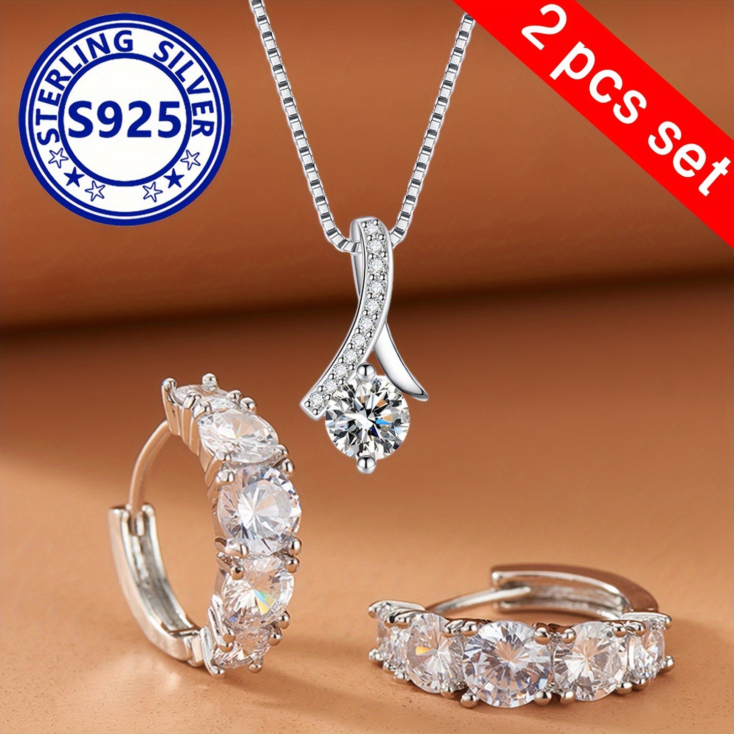 Elegant 925 Sterling Silver Jewelry Set, Synthetic Zirconia Pendant Necklace and Ring Earrings, Sexy Boho Style, Daily & Gift Occasion, All-Season, 2.6g - Ideal for Birthday, Christmas Gifts