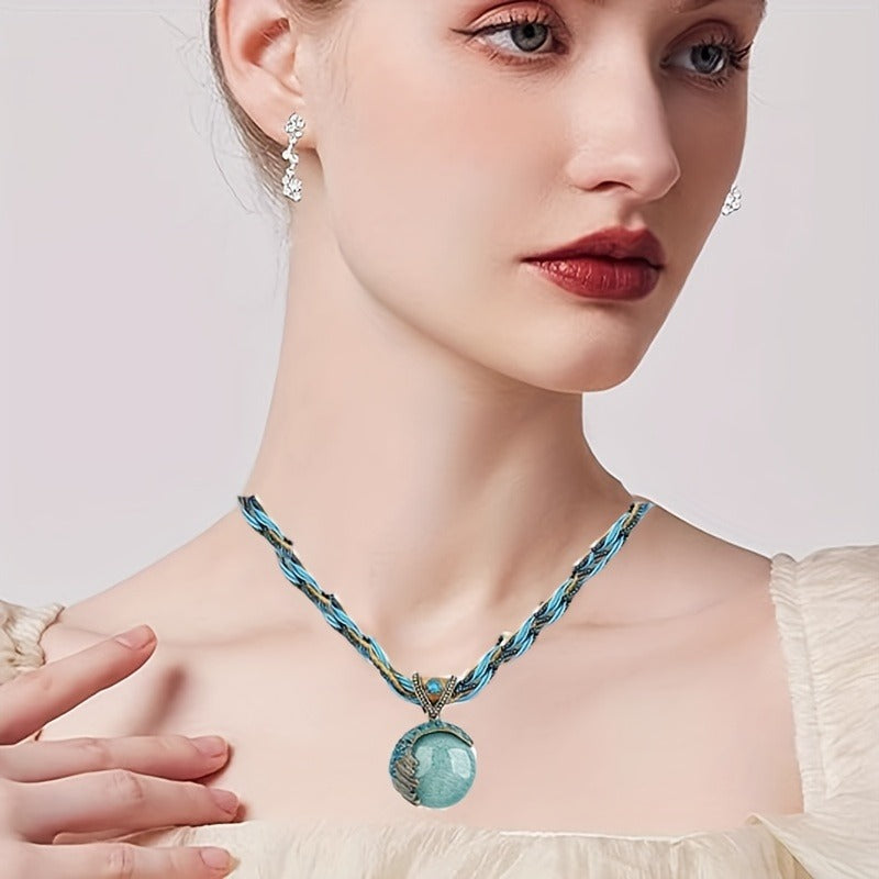 Women's Vintage Bohemian Style Twisted Braided Rope Necklace Turquoise Rhinestone Pendant Necklace Fashion Jewelry