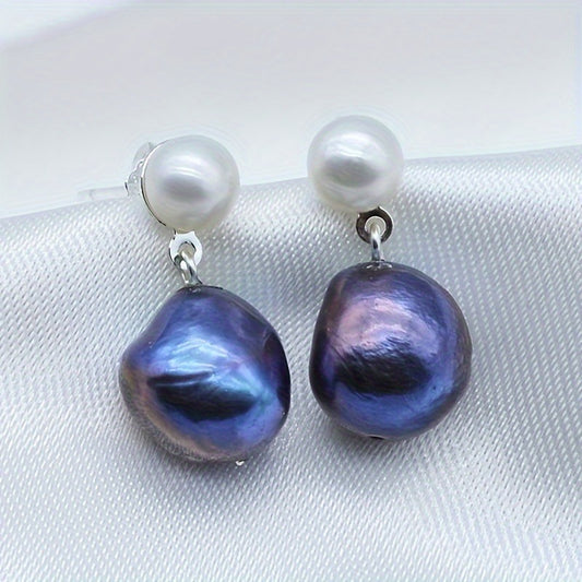 Freshwater Baroque Black Pearl Drop Earrings, Silver Plated, Simple June Birthstone Studs for Women, Fashion Jewelry, Ideal for Daily Wear & Mother'S Day Gift, All Seasons Compatible