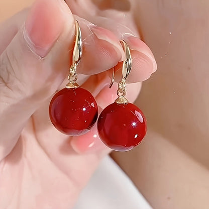 Elegant Red Ball Dangle Earrings - Chic, Simple Design, Perfect for Casual Attire, Gifting, All Seasons