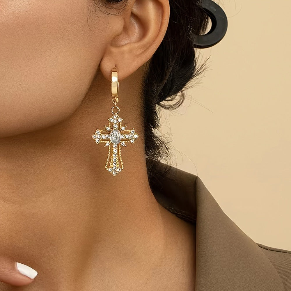 Elegant Luxury Cross Dangle Earrings for Women, Synthetic Zirconia Inlay, Copper Material, Versatile for Daily Wear and Vacation, All-Season Jewelry