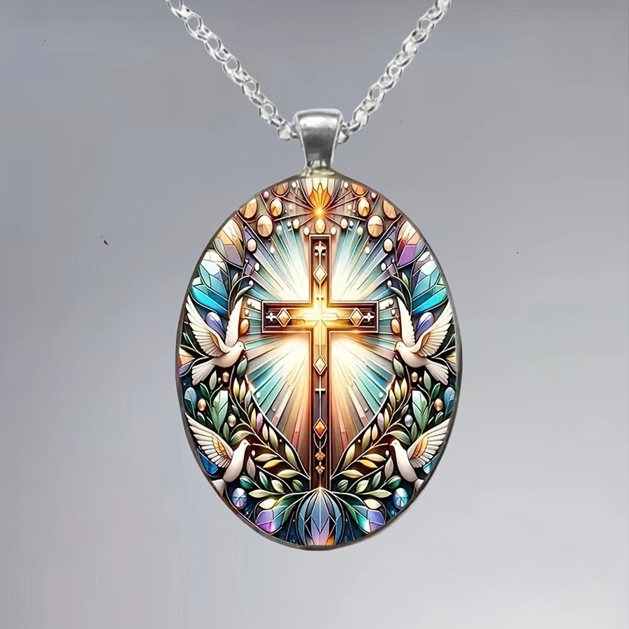 Fashion Elegant Cross Pattern Oval Alloy Glass Pendant Necklace, Romantic Gift1pc Fashion Elegant Cross Pattern Oval Alloy Glass Pendant Necklace, Romantic Gift