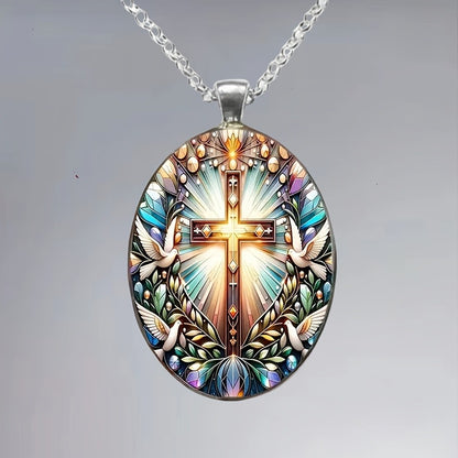 Fashion Elegant Cross Pattern Oval Alloy Glass Pendant Necklace, Romantic Gift1pc Fashion Elegant Cross Pattern Oval Alloy Glass Pendant Necklace, Romantic Gift