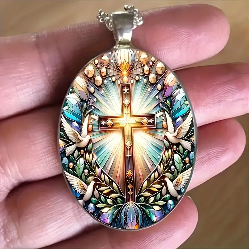Fashion Elegant Cross Pattern Oval Alloy Glass Pendant Necklace, Romantic Gift1pc Fashion Elegant Cross Pattern Oval Alloy Glass Pendant Necklace, Romantic Gift