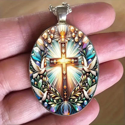 Fashion Elegant Cross Pattern Oval Alloy Glass Pendant Necklace, Romantic Gift1pc Fashion Elegant Cross Pattern Oval Alloy Glass Pendant Necklace, Romantic Gift