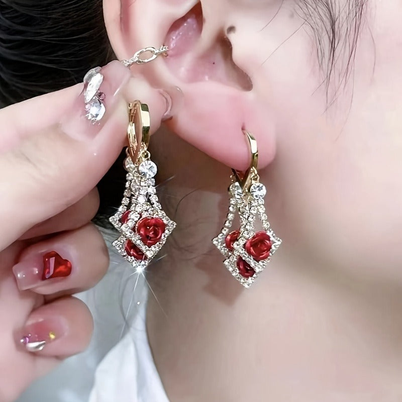 1 pair of luxury red synthetic crystal gold earrings bohemian vintage style for women, perfect gift for engagement, wedding, birthday and everyday occasions