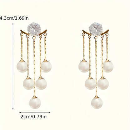 1 Pair Elegant & Luxurious Faux Imitation Pearl Tassel Dangle Earrings with Sparkling Gemstone Accents - Golden-Tone Alloy, White Imitation Imitation Pearl, 4.3x2.0cm, Perfect for Sophisticated Occasions, Imitation Pearl Earrings