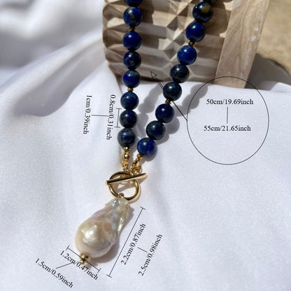 Bohemian Style Lapis Lazuli Bead Necklace with Baroque Pearl Pendant – Unique Hematite Spacers, Golden-Tone Chain, Dark Blue & Black Beads, Sophisticated Men’s Fashion Accessory