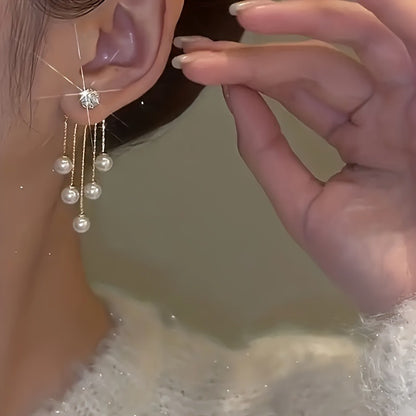 1 Pair Elegant & Luxurious Faux Imitation Pearl Tassel Dangle Earrings with Sparkling Gemstone Accents - Golden-Tone Alloy, White Imitation Imitation Pearl, 4.3x2.0cm, Perfect for Sophisticated Occasions, Imitation Pearl Earrings
