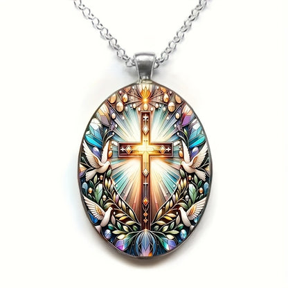 Fashion Elegant Cross Pattern Oval Alloy Glass Pendant Necklace, Romantic Gift1pc Fashion Elegant Cross Pattern Oval Alloy Glass Pendant Necklace, Romantic Gift