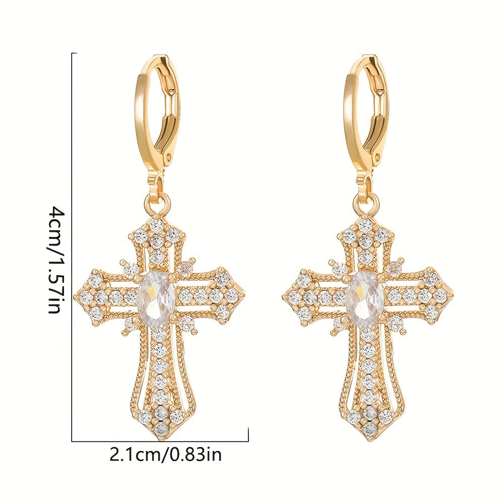 Elegant Luxury Cross Dangle Earrings for Women, Synthetic Zirconia Inlay, Copper Material, Versatile for Daily Wear and Vacation, All-Season Jewelry