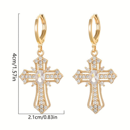 Elegant Luxury Cross Dangle Earrings for Women, Synthetic Zirconia Inlay, Copper Material, Versatile for Daily Wear and Vacation, All-Season Jewelry